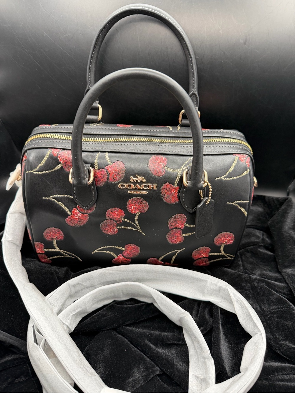 COACH Black Cherry Embroidered Rowan Leather Satchel